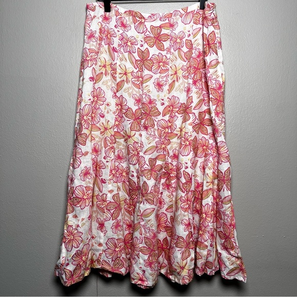 JM Collection y2k Women 100% Linen Skirt Medium Pink White Circle Floral Coconut - Picture 1 of 9